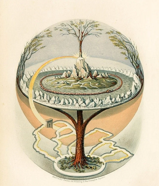 Yggdrasill (ᛁᚴᛏᚱᛅᛋᛁᛚ. Old Norse potentially meaning "Óðinn's Steed"), is the name of the world tree. Yggdrasill is a massive and sacred tree that is said to connect the nine worlds in Norse cosmology.

Yggdrasill: The Mundane Tree (1859). By Finnur Magnússon (1781 - 1847)