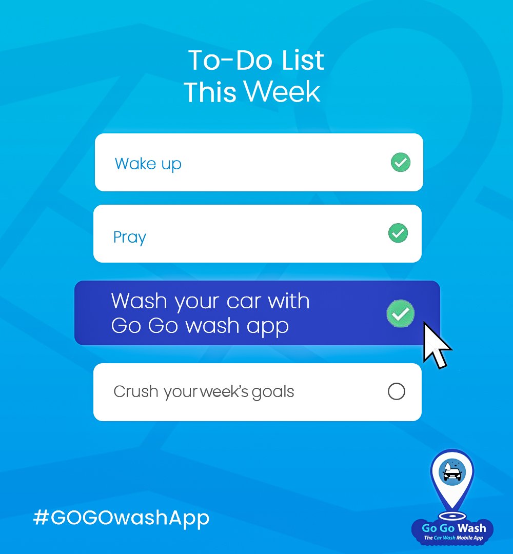 gogowashghana's tweet photo. Don't let your week pass by without checking off that to-do list! It is time to schedule your appointment with the GoGo Wash app, get your car washed, and enjoy your awesome ride!
#carwash #todolist #gogowash #carwashgoals https://t.co/GY052eXCMr