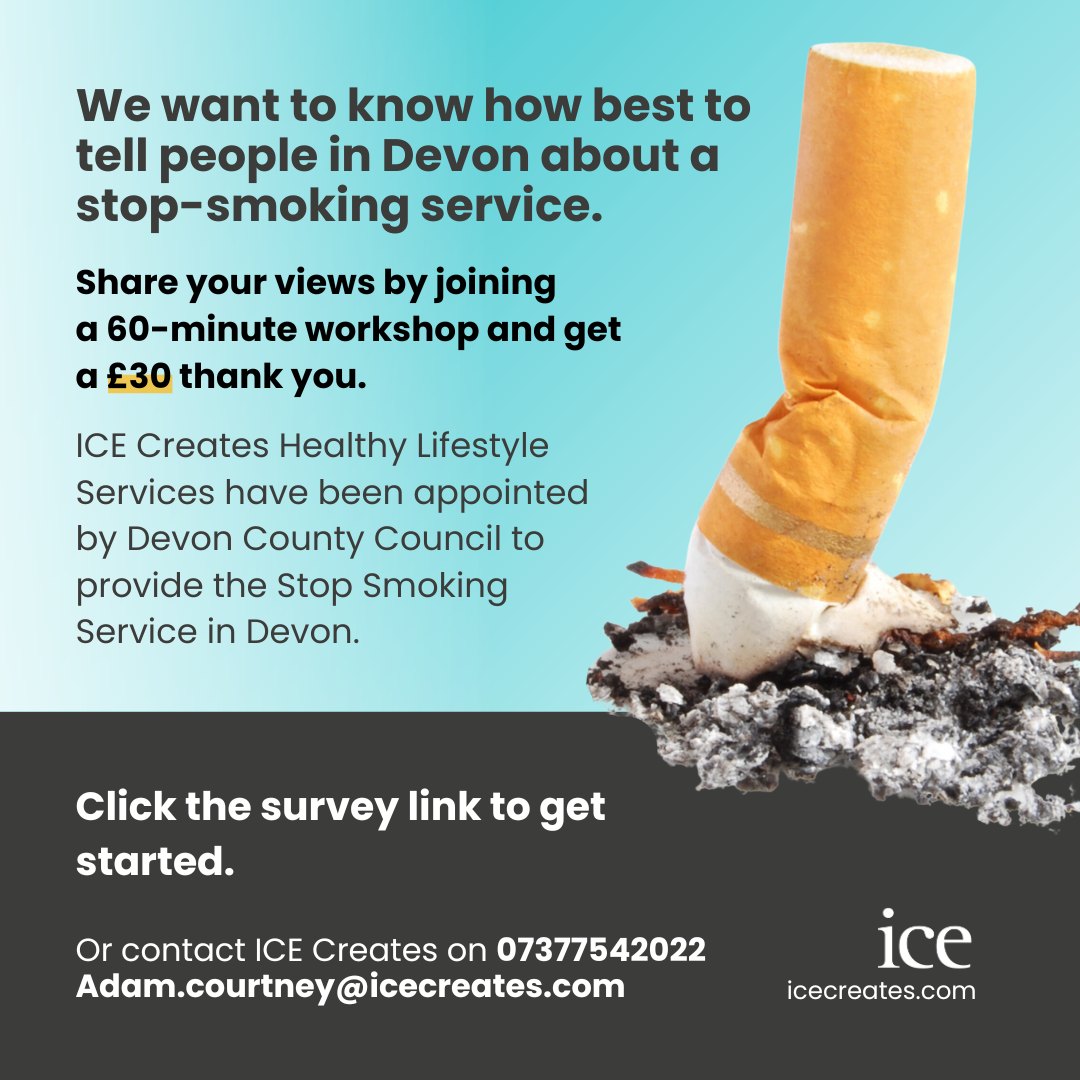 Do you want to shape how we engage people in a new stop-smoking service in Devon? 💡 

Share your views by joining a 60-minute workshop and get a £30 thank you. Find out more here: 
surveymonkey.co.uk/r/NewStopSmoki…

#Devonstopsmokingservice #Devonsmokingsupport