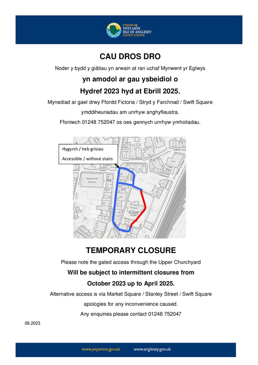 Holyhead Townscape Heritage Initiative: You may have noticed the signage up on the gates at St Cybi's Churchyards - there will be intermittent and temporary closures relating to necessary work in the area and buildings from October 2023 up to April 2025.