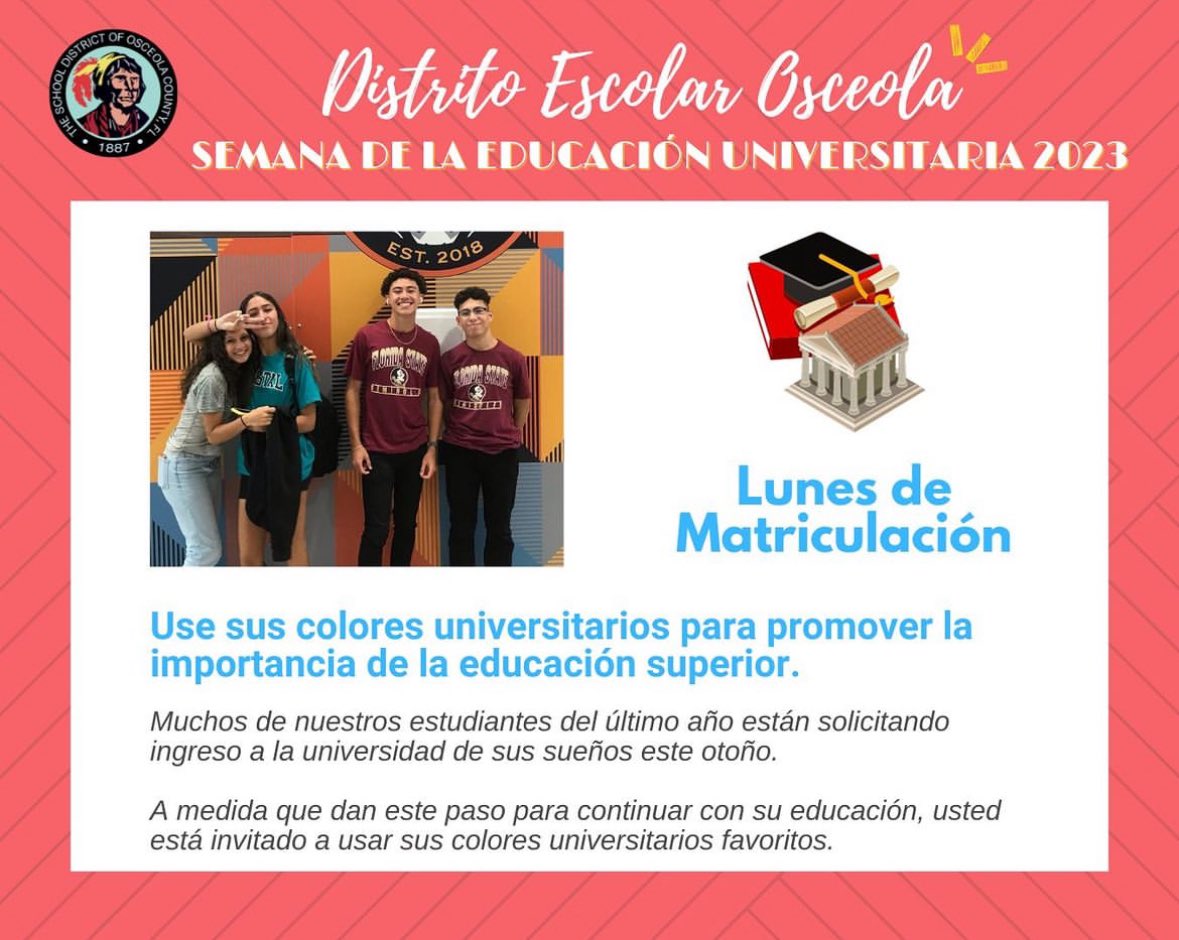 Comenzando la #CollegeWeek23 con una pequeña lección de vocabulario.

Marian-Webster define la matriculación como la acción o proceso de inscribirse en un colegio o universidad.

Invitamos a todos los estudiantes a lucir sus colores universitarios favoritos para.