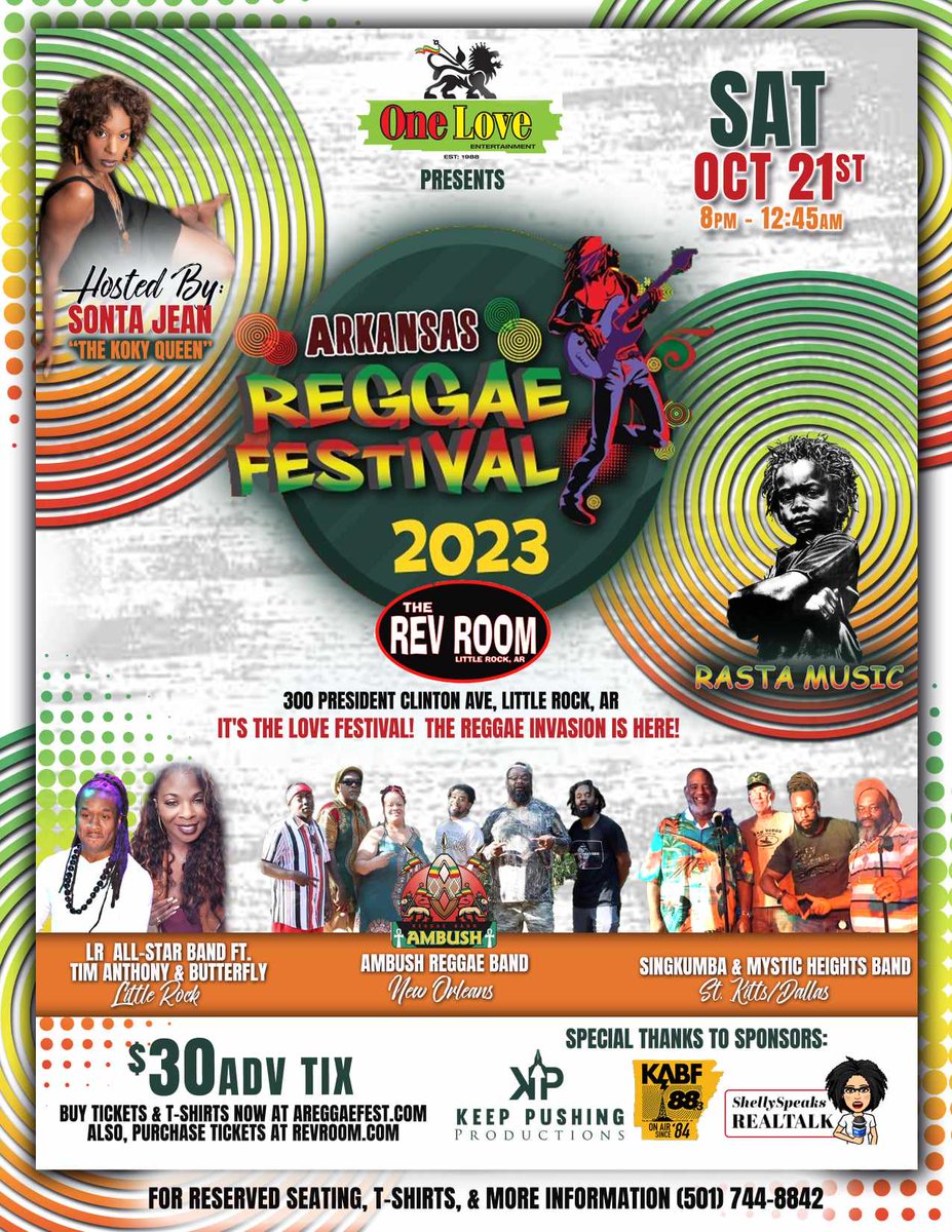 RASLEVI1's tweet photo. Arkansas Reggae Festival 2023 @Revroom (Sat) Oct 21st.. Tickets, T-shirts, &amp; Rasta Decals are on sale now at https://t.co/CErenWFbsk  For more Info &amp; reserve seating (501) 744-8842 https://t.co/uX3r798kKh