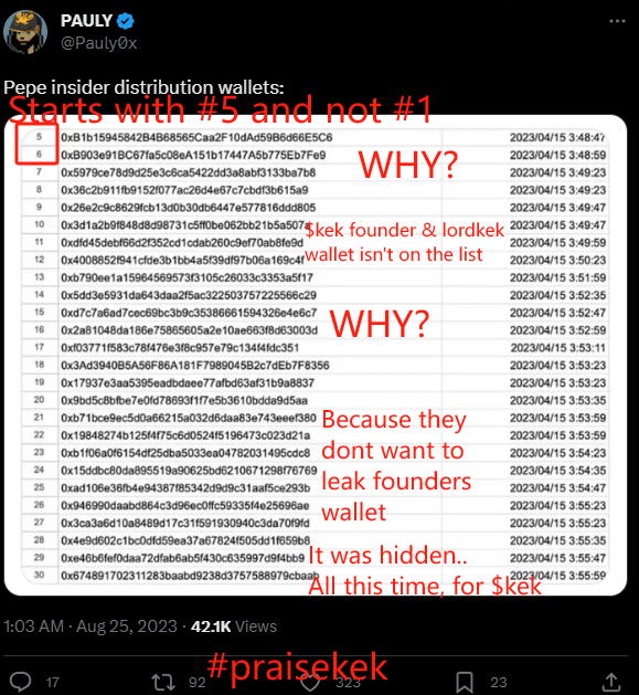 amanithekil's tweet photo. New insights on @pepeprophecykek (summary):

1.Likely a $pepe team founder.
2.Pepe Team split, complex situation.
3. @lordkeklol sold airdropped $pepe for $kek, sensing an opportunity for something new.
4.Pauly's sheet is the biggest proof, see below.
#PraiseKek https://t.co/XEN8UJOqOi