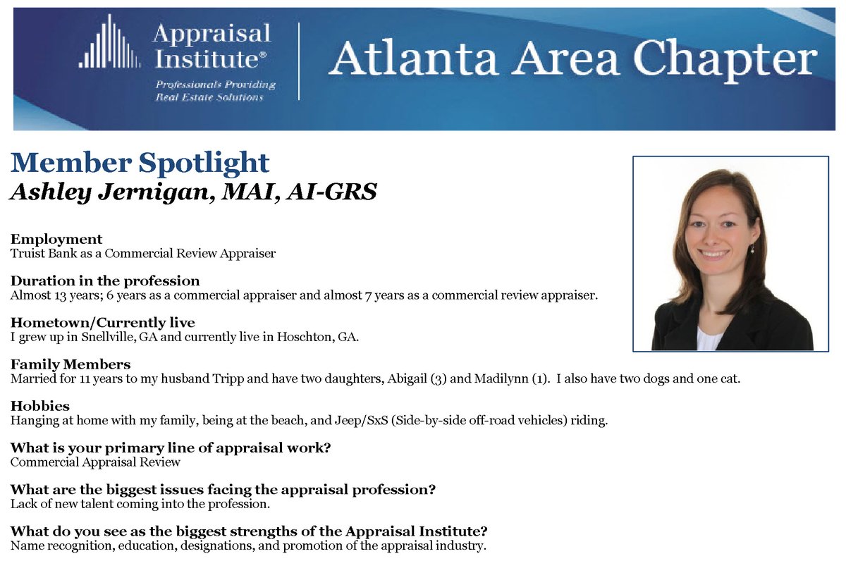 Congratulations Ashley Jernigan, MAI, AI-GRS on being our current member spotlight! <a href="/AI_National/">Appraisal Institute</a>