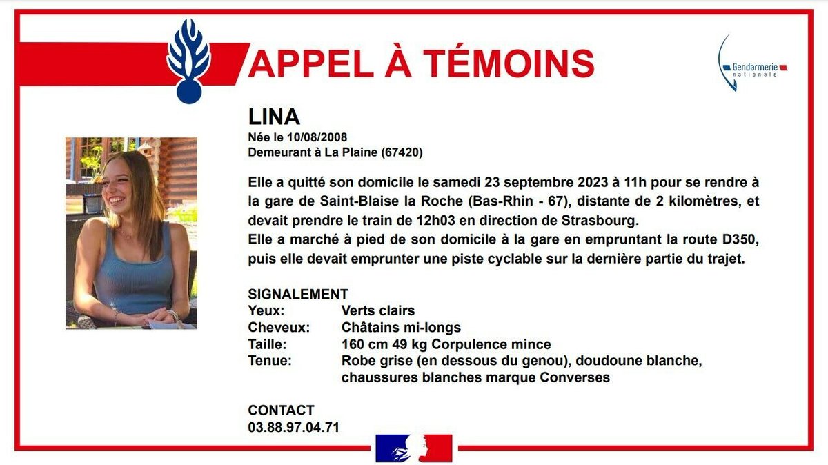 InfosFrancaises's tweet photo. APPEL À TÉMOINS - #Lina, une adolescente de 15 ans, est portée disparue depuis samedi dernier aux abords de Schirmeck, dans le Bas-Rhin. Une battue a été organisée aujourd'hui. Un hélicoptère, des drones et des équipes cynophiles sont mobilisés. Une enquête a été ouverte.