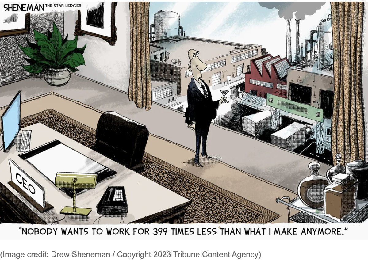 "Nobody wants to work for 399 times less than what I make anymore." 

(By Drew Sheneman, <a href="/starledger/">The Star-Ledger</a>, NJ)