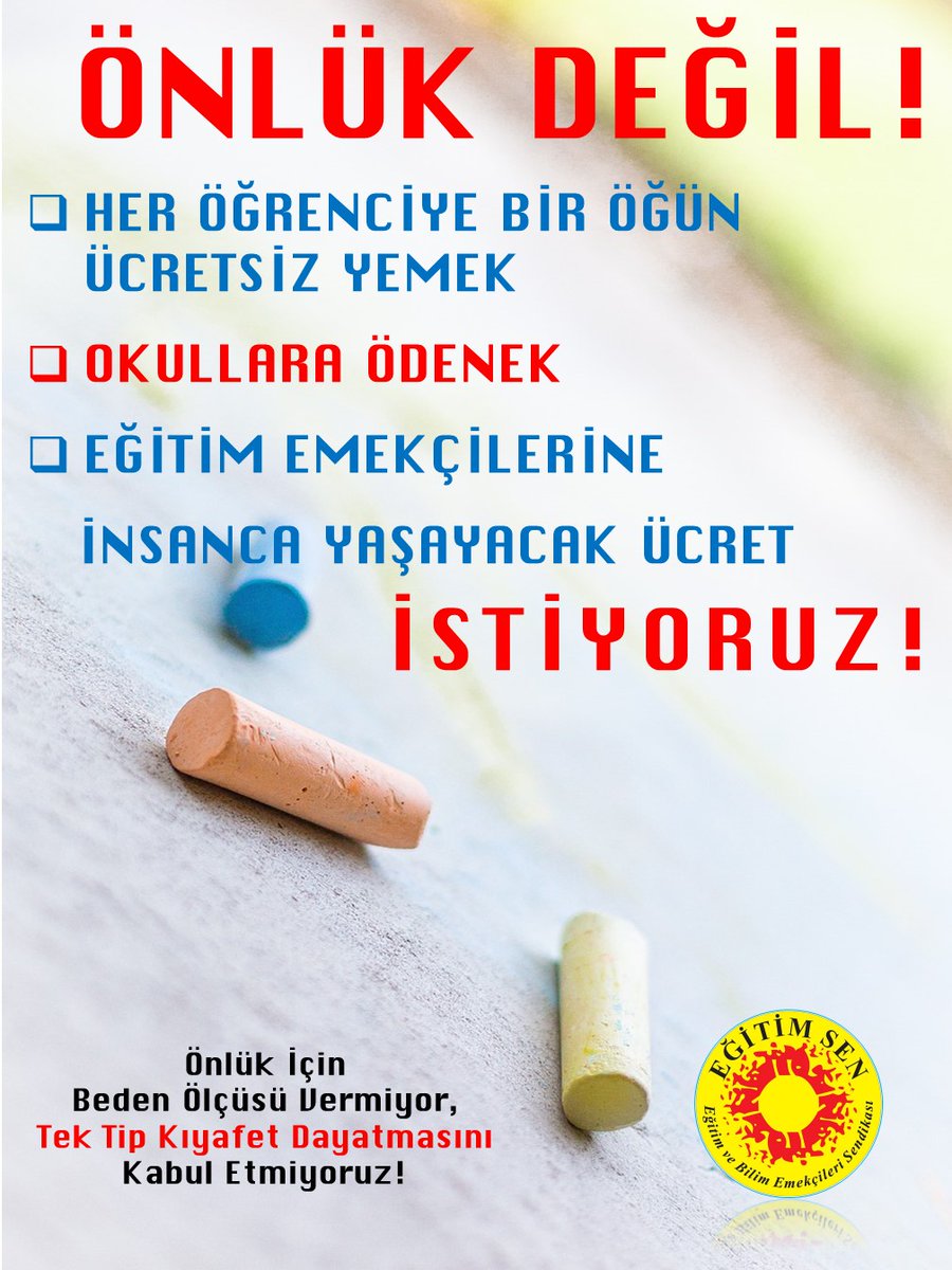 Önlük için
Beden ÖIçüsü Vermiyor
Tek Tip Kıyafet Dayatmasını
Kabul Etmiyoruz!
#ÖnlükBedeniVerme