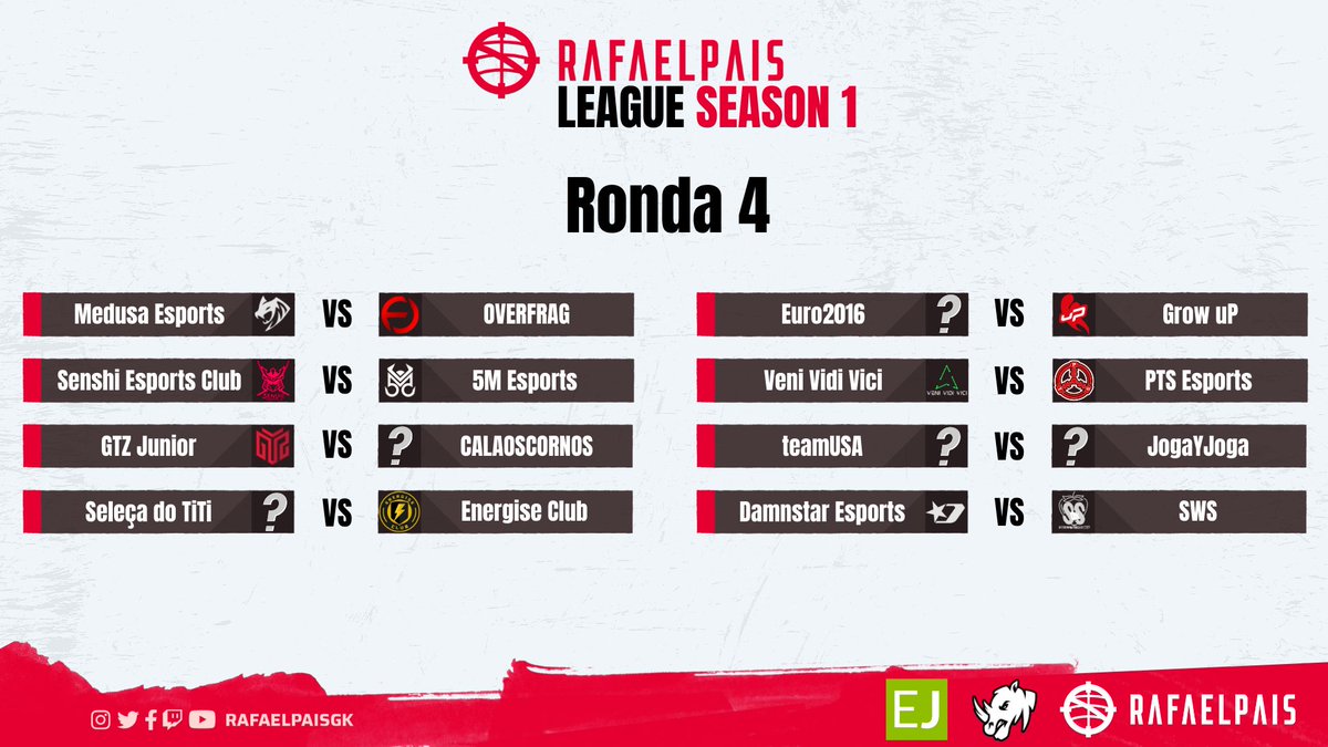Aqui estão os encontros da Ronda 4 na RPL Season 1 🔫

<a href="/MedusaeSportsGG/">Medusa Esports</a> vs <a href="/OVERFRAGG/">OVERFRAG GROUP</a> 
<a href="/ClubSenshi/">Senshi Esports Club 🇵🇹</a> vs <a href="/5M_Esports/">5M ESPORTS</a> 
<a href="/GTZEsports/">GTZ Esports</a> Junior vs #CALAOSCORNOS 
#SeleçaDoTiTi vs <a href="/EnergiseClub/">Energise</a> 
#Euro2016 vs <a href="/growupesports/">growupesports</a> 
<a href="/vVvEsports2023/">Veni Vidi Vici</a> vs <a href="/PTSesports/">PTS E-Sports</a>
#teamUSA vs #JogaYJoga