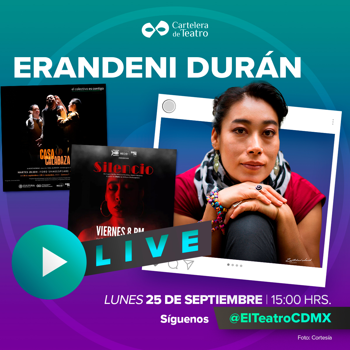 elteatrocdmx's tweet photo. Hoy a las 3PM estaremos platicando con @duca_7 sobre 2 obras en las que participa: SILENCIO de @loscolochos y CASA CALABAZA de @ColectivoElArce, ambos proyectos se presentan en el @ForoShakespeare 

Únete a la platica en vivo a través de: 
Youtube: https://t.co/3rxnHKcqRQ
Facebook: https://t.co/1fY0NxUB5K