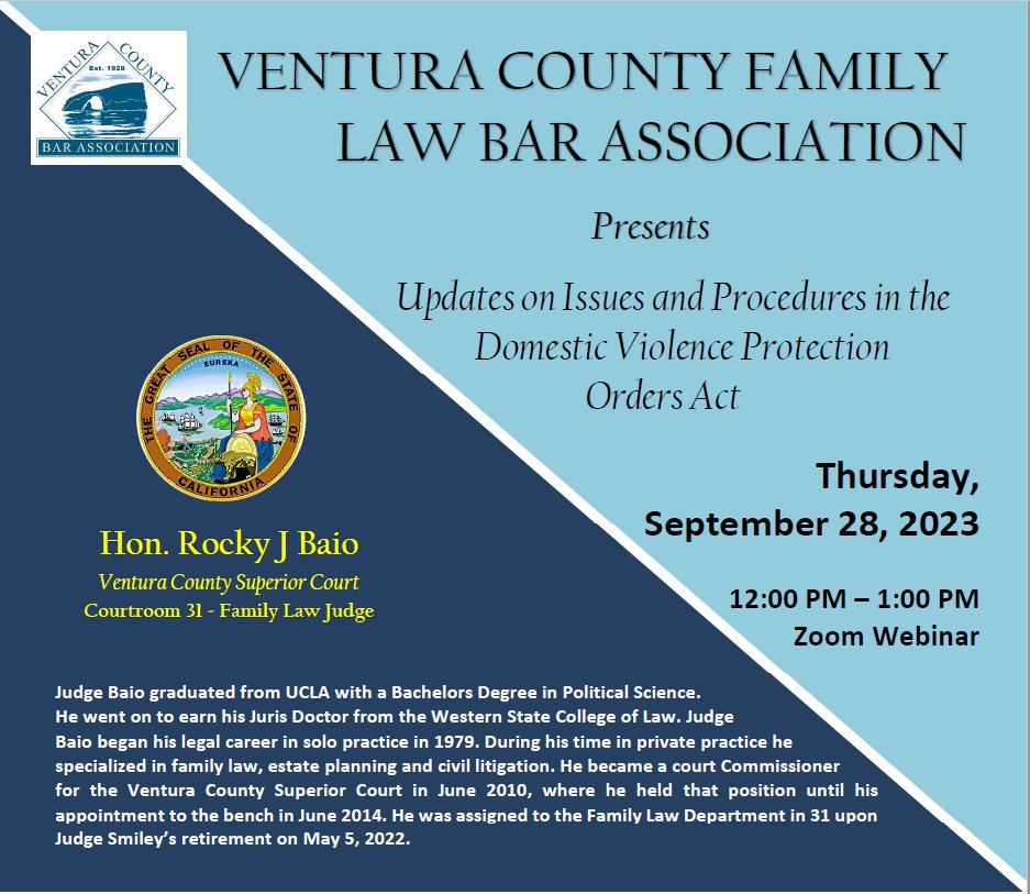 VCBA1's tweet photo. If you practice Family Law, then you don't want to miss Judge Rocky Baio's MCLE this Thur 9/28 at Noon. Ways to register: (805) 650-7599, vcba@vcba.org and VCBA Calendar https://t.co/R1RywD9Z6t https://t.co/fSzNfJ20Pf