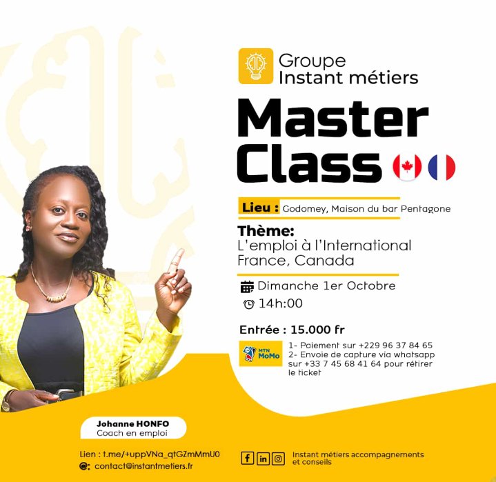 LE CANADA ET OUI ENCORE LE CANADA !!!
Si vous recherchez cherchez un accompagnement pour la procédure d'immigration au Canada,ne ratez surtout pas ce masterclass 
Ceci se déroulera au Bénin à Cotonou 
#canadavisa #TT229 
#instantmetiers 
Pas d'excellence __Sans vision