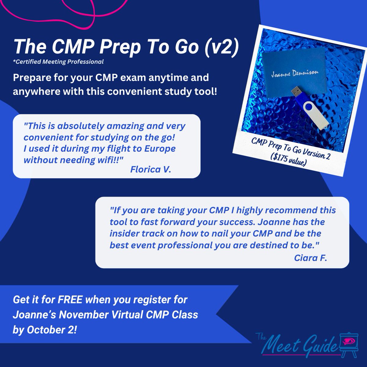 If you're planning on registering for my Nov. Virtual CMP Class, make sure to do it before Oct 2, so you can get a free CMP Prep To Go (v2)! This offer is for new students only and ends Oct 2 at 8PM ET. eventsquid.com/event/21627
#themeetguide #cmp #eventplanners #cmpclass #cmpexam