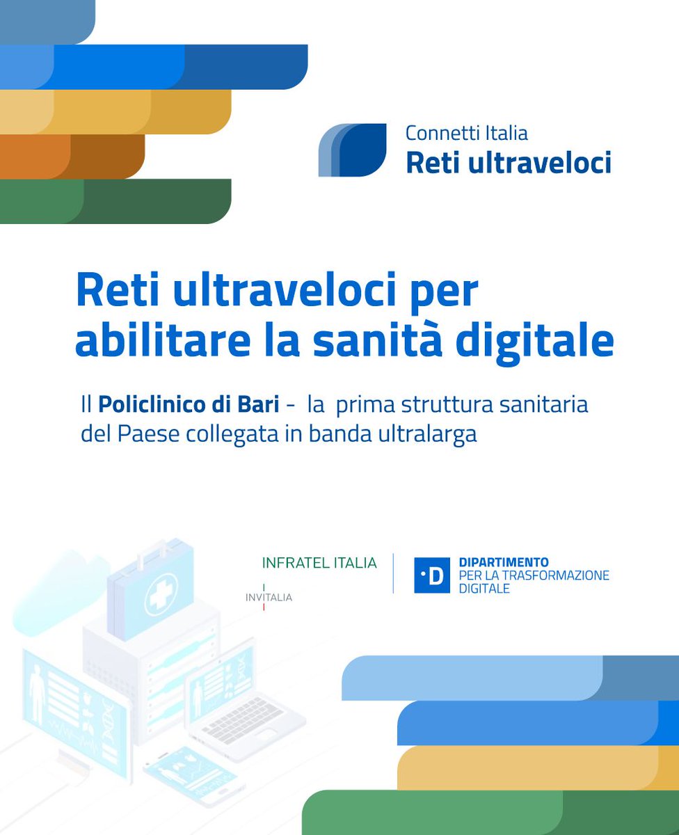 #Sanità connessa | Attivate al Policlinico di Bari le Reti Ultraveloci del #PNRR.📶 

🏥Al Policlinico di Bari l’evento “Reti Ultraveloci per abilitare la Sanità Digitale”.
🔎 t.ly/6sgig
<a href="/InnovazioneGov/">Dipartimento per la Trasformazione Digitale</a> <a href="/Invitalia/">Invitalia</a>