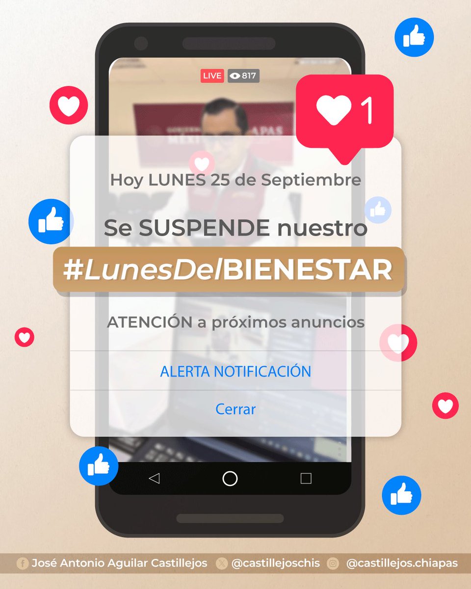 castillejoschis's tweet photo. Amigas y amigos, no tendremos transmisión en vivo del #LunesDelBienestar 🤳🏽. 
 
Cualquier duda que tengan acerca de los #ProgramasParaElBienestar, podrán contactarme vía inbox, atenderé todas sus dudas; los invito a mantenerse al pendiente de todas las redes oficiales. https://t.co/pQpSILINCG
