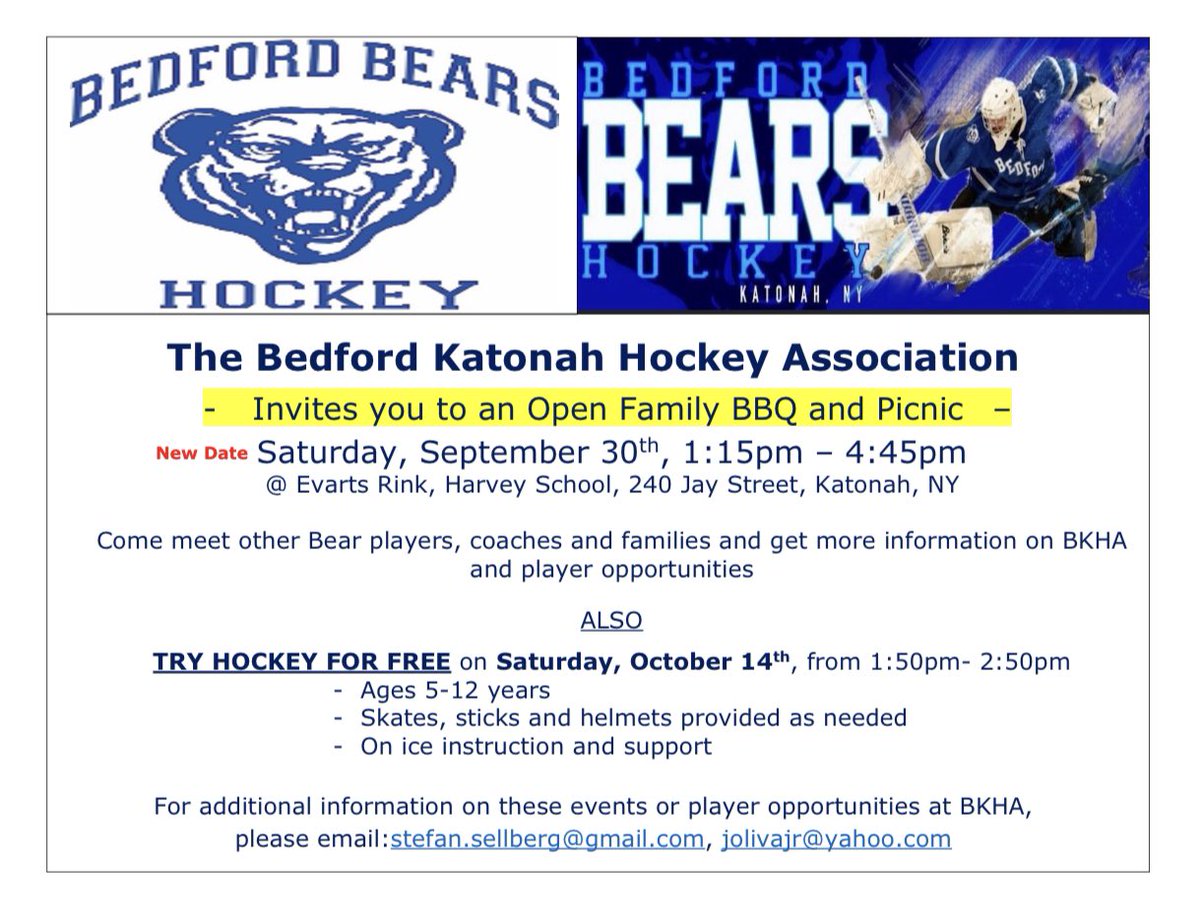 Bedford Bears Open Family BBQ rescheduled to Sept 30 at 1:15p (Harvey School Rink). All interested in local hockey are welcome to join!