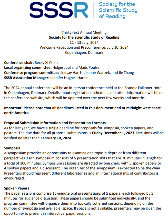 SSSReading's tweet image. The next SSSR conference will take place in Copenhagen, Denmark in July 2024! Abstract submissions will open on 31st October 2023 #SSSR2024