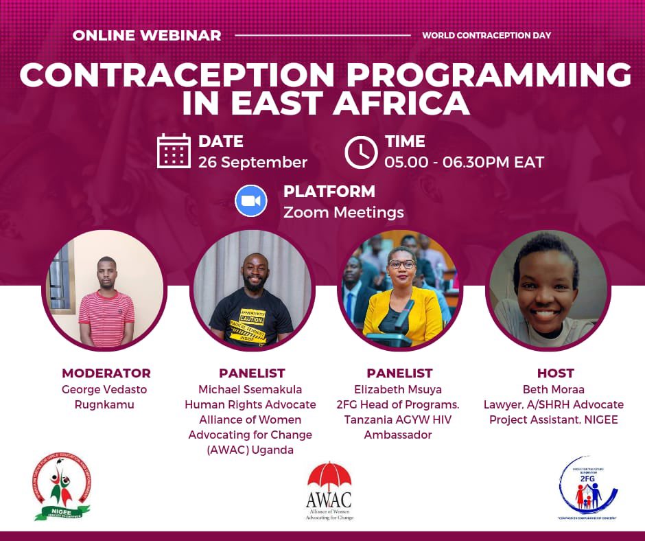 awacuganda's tweet photo. Join us for a thought-provoking webinar on #ContraceptionAccess among women in East Africa. 🌍

 🗓️  26th Sept 
⏰ 5 PM EAT

🔎 Discover challenges and successes in ensuring access to contraception for women, as we engage in a meaningful conversation wth experts in the field. https://t.co/iyIkKMnFpQ