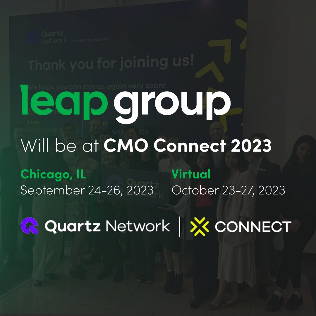 _LEAP_Group's tweet photo. Leap Group is in Chicago from for the in-person CMO Connect event.

Join us as we connect with industry experts, discover cutting-edge solutions, and network with fellow professionals on our journey of growth!
We're also looking forward to the virtual event in October! https://t.co/hHE5GvxMqK