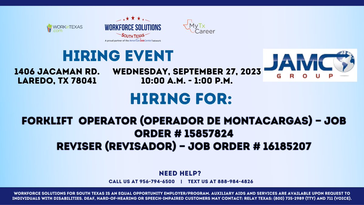 workforcestx's tweet image. Apply to work with JAMCO Group.
Let's make this hiring event a game-changer for your career.

📅 Wednesday, September 27, 2023
🕙 10:00 a.m. - 1:00 p.m.
📍 1406 Jacaman Road, Suite A, Laredo TX
📢 Hiring for Forklift Operator and Revisor.

#makeitmonday