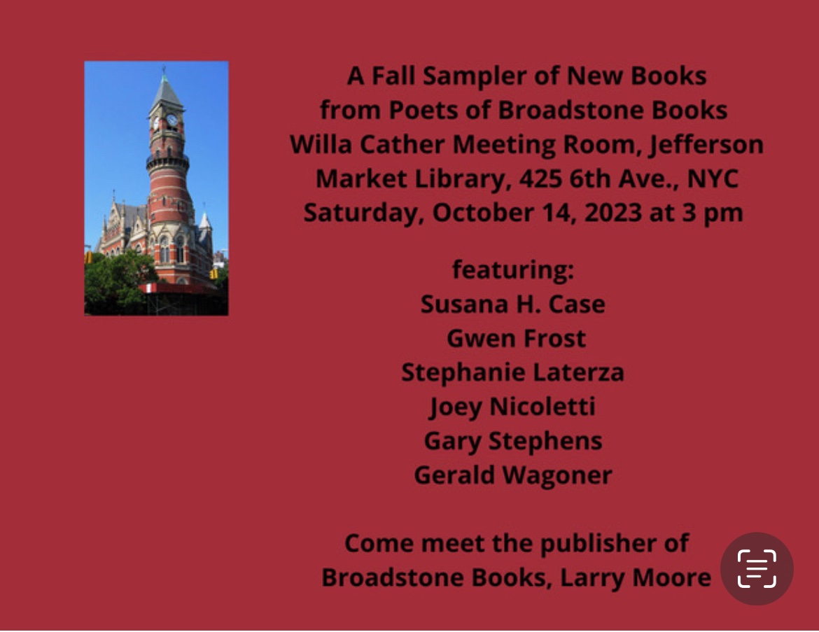 #poetry Join my fellow Broadstone poets and me at Jefferson Market Library on 10/14 at 3pm! #NYC #Reading