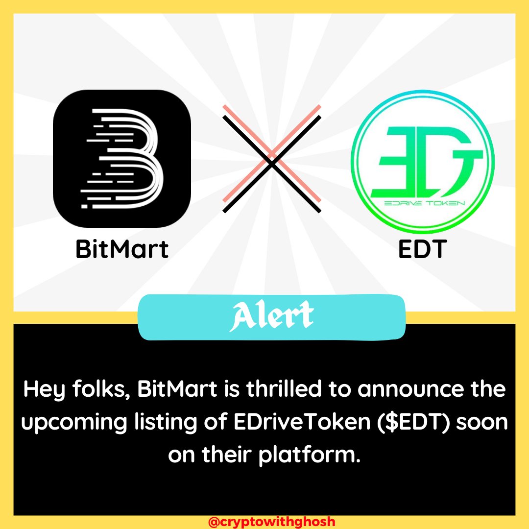 debaashisghosh's tweet photo. Hey folks, #BitMart is thrilled to announce the upcoming listing of #EDriveToken ( $EDT) @EDriveToken soon on their platform. 🚀🚀

👉Hurry &amp; Sign up: https://t.co/mriJVs3FHs https://t.co/RQW3xw9dJi