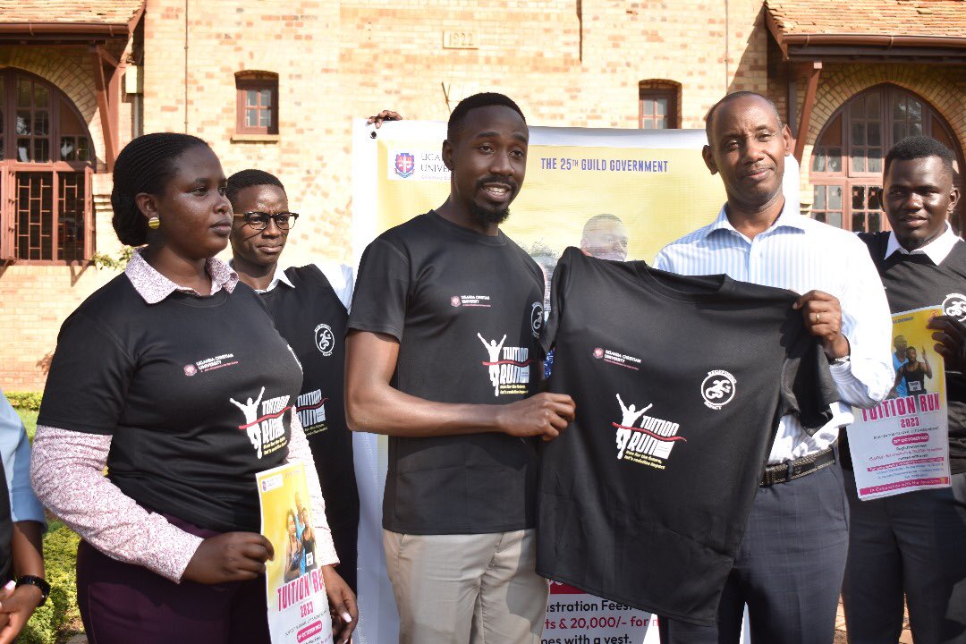 theucuguild's tweet photo. This afternoon, we were pleased to have our  VC ,Prof. Aaron Mushengyenzi launch  the #UCUGuildRun Kit.

The essence of this run is to raise tuition for students who are having difficulties in paying tuition.

The shirt  &amp; vest go for Shs.30,000 and Shs.20,000 respectively. https://t.co/o6xePBDWNV