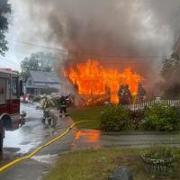 TheSunChronicle's tweet photo. BREAKING NEWS: Crews from multiple departments battle a two-alarm blaze Monday morning that engulfed a single-family home in #NorthAttleboro. https://t.co/HaWuJmoG7O https://t.co/vZttJ8MEvt