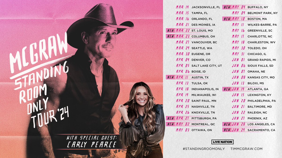 You asked for it… so we added more shows from coast to coast! Can’t wait for the Standing Room Only Tour 2024 with special guest @carlypearce. Tickets for new shows on sale this Fri 9/29 at 10am local. Sign up to get a reminder at timmcgraw.com/tour-2024!