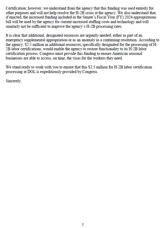 Ask your Senator to sign <a href="/SenatorShaheen/">Sen. Jeanne Shaheen</a>'s letter to Senate Leadership requesting Congress include an additional $2.5 million in emergency funds for H-2B processing for this upcoming season. Without it , 60%+ of employers will not receive their workers on time next year!