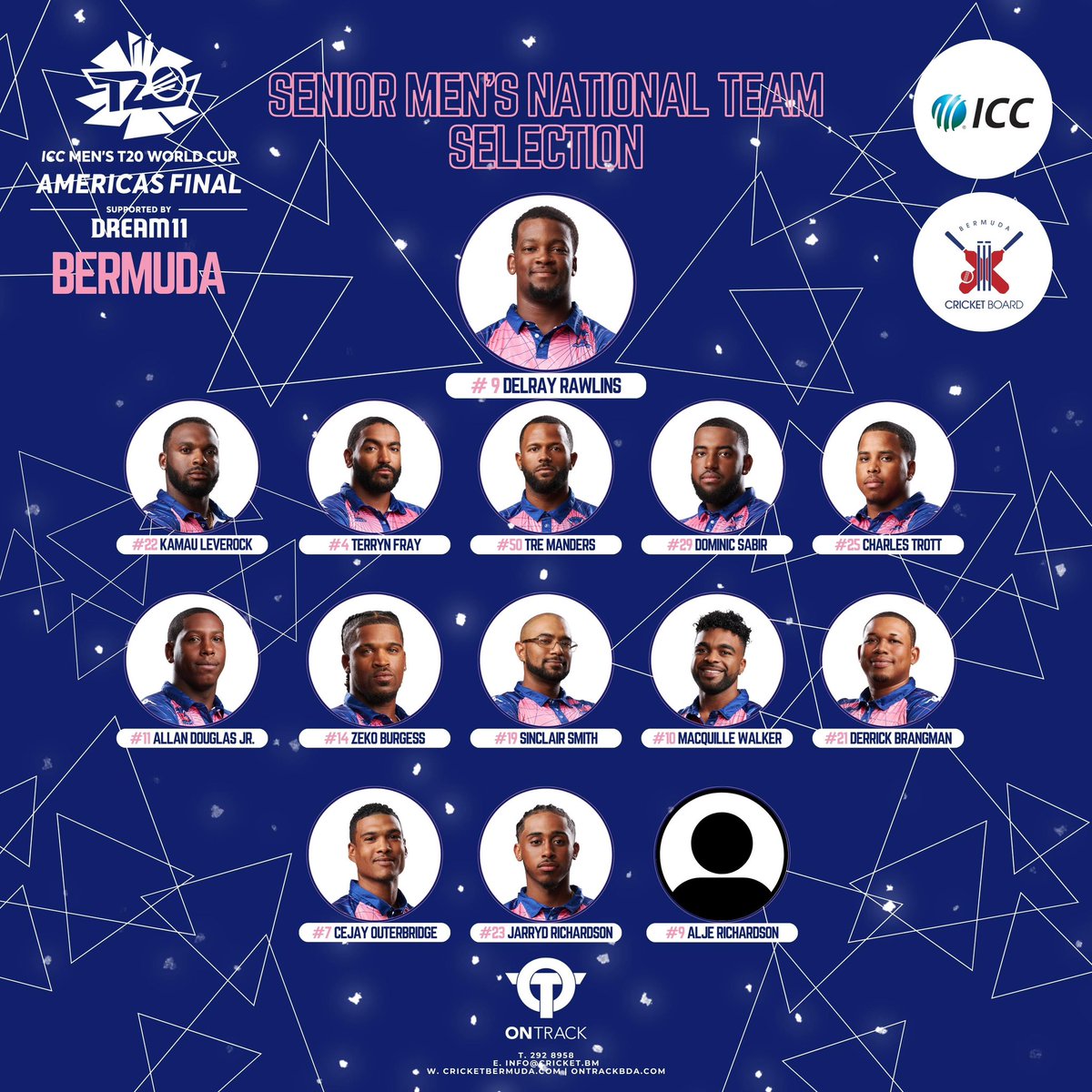 CricketBermuda's tweet photo. The Bermuda Cricket Board is pleased to announce the final selected playing team for the ICC Men’s T20 World Cup Americas Final - Bermuda 🇧🇲 

Matches begin on September 30 - October 7, 2023 at White Hill Field & the National Sports Centre (North Field)

🎟️$30 Tier 2 tickets are now on sale via @ontrackbda website💻 & mobile app📱

#BermudaCricketBoard #Bermuda #ICCAmericasFinal #ICCAmericas #T20Cricket