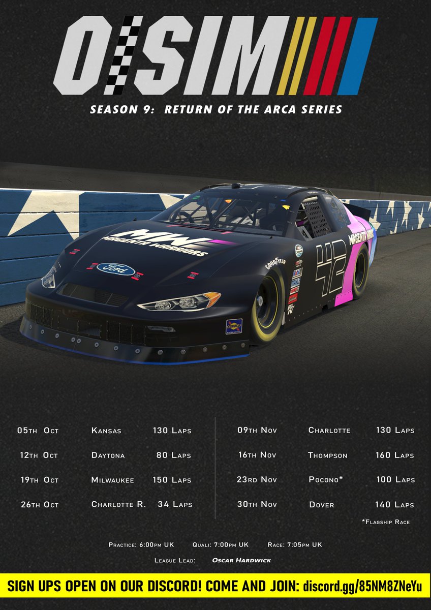 OscarHardwick's tweet photo. It is that time again! OI-Sim time! 

We're back with season 9 and we're back in the ARCA car on #iRacing a full 7 seasons since we last used it. 

Racing commences on Thursday 5th October. Sign-ups are open and we can't wait to get back and racing. See you on the track! https://t.co/eClQY9JZ2O