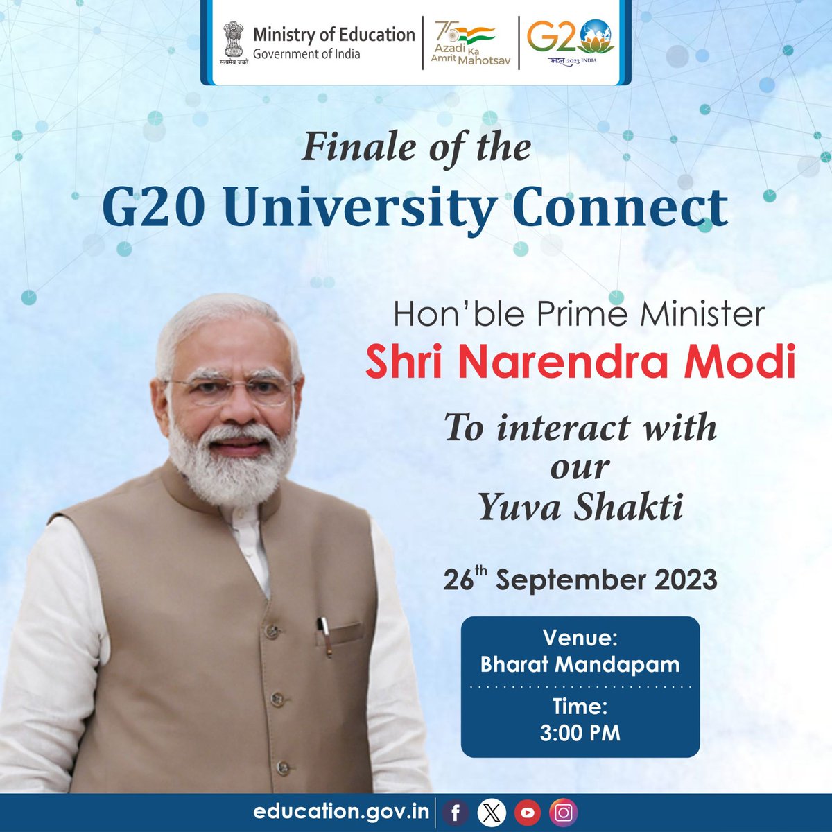On 26th September 2023, Hon’ble Prime Minister Shri <a href="/narendramodi/">Narendra Modi</a> will interact with  #YuvaShakti of the nation at the event in Bharat Mandapam, New Delhi. Key members of the #G20 Team of India would brief the participants on the G20 outcomes.
#G20UniversityConnect #G20India
