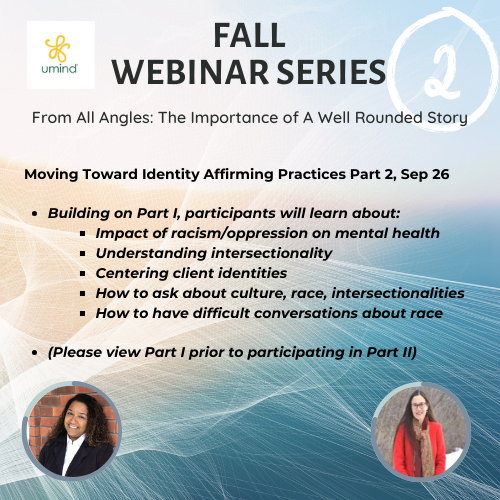 umind_ca's tweet photo. Webinar #2 Moving Toward Identity Affirming Practices Part II  -Tomorrow! Sign up now! https://t.co/c6N1BYd3vk #cymh #culturalhumility #identityaffirming #culturalsafety #sharemorelearnmoredobetter #youthmentalhealth #childrensmentalhealth https://t.co/NZbNJrTccB