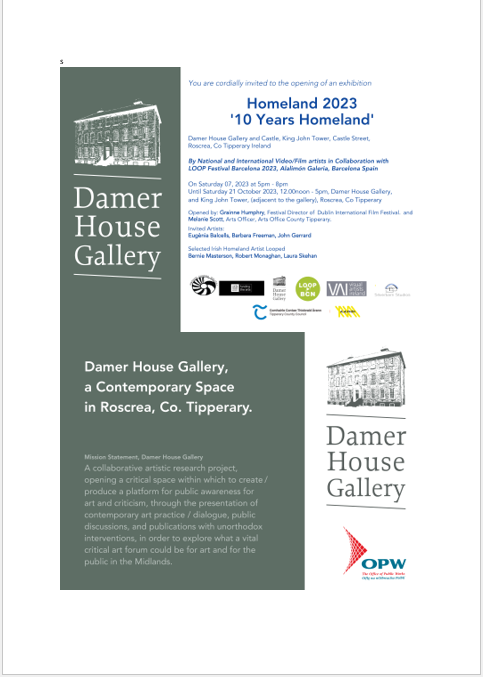 It's that time of the year again - Homeland 2023. The opening will take place in Damer House Gallery on 7 Oct. at 5pm It will be opened by Grainne Humphry, Festival Director @DublinFilmFest & Melanie Scott, Arts Officer @TipperaryArts Do join us #10yearsHomeland