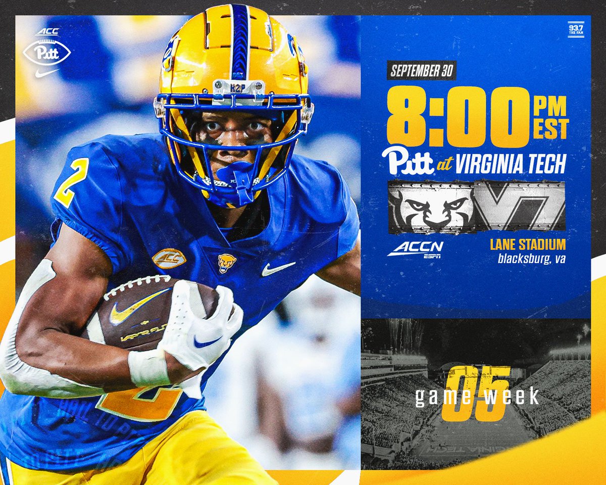 Pitt Football (@pitt_fb) on Twitter photo Game Week 5️⃣ » Pitt at Virginia Tech
⏰ 8 p.m. 📍 Blacksburg, VA
📺 <a href="/ACCNetwork/">ACC Network</a> 📻 <a href="/937theFan/">93.7 The Fan</a>
Notes & Storylines 📰
bit.ly/PittVT23 ✍️
#H2P » #BAM » #WeNotMe Game Week 5️⃣ » Pitt at Virginia Tech
⏰ 8 p.m. 📍 Blacksburg, VA
📺 <a href="/ACCNetwork/">ACC Network</a> 📻 <a href="/937theFan/">93.7 The Fan</a>
Notes & Storylines 📰
bit.ly/PittVT23 ✍️
#H2P » #BAM » #WeNotMe