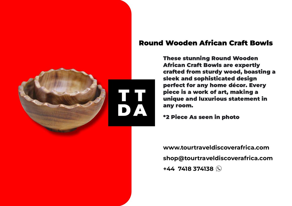 TourTravelDA's tweet photo. These stunning Round Wooden African Craft Bowls are expertly crafted from sturdy wood, boasting a sleek and sophisticated design perfect for any home décor. 
#TTDA #africanwoodcarving #bowls 
https://t.co/8If7O5weLb https://t.co/dYeZ3gKkHr