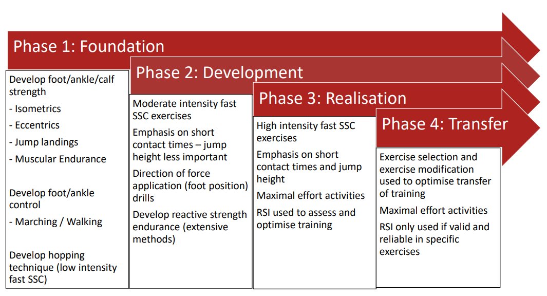 EamonnFlanagan's tweet photo. Are low-level, extensive plyometrics enough to drive meaningful adaptation? Are they even plyometrics?

Does it matter?

Here's my plyometric progression model  👇

I'm not convinced work in phase 1&2 "prep tendons" or create specific significant adaptation at the tendon - but they do "protect" tendons (in indirect ways) & give best possibility for success in future intensive phases.

Here's why (I think)....

1️⃣ Complementary training modalities
Low level "plyos" are likely not intense enough (high strain) to ↑ meaningful tendon adaptation. But early phases are typically paired w/ traditional heavy STR work or active near maximal isometrics which will promote stiff/healthy tendon

2️⃣ Explore individual (& group) volume bandwidths
Early phase plyos = low-risk way to establish appropriate volumes of work. Rate of tendon loading will not be high enough to trigger tendinopathy - we can incrementally assess what individuals & groups will tolerate as we intensify

3️⃣ Calf capacity / strength endurance
Early phase, extensive plyos build basic strength endurance at the calf (and likely quads and across hips). This strength may be protective in the more intensive training which follows - allowing greater volumes or same volume at lower relative cost

On points 2 & 3:
We can establish these volumes & build endurance across a great variety of exercises. When we intensify we typically ↓ variation of exercise selection

↑ variability = ↓ liklihood of tendon overload

"Variation is the mother of injury prevention" @BooSchex 

4️⃣ Technique development
Early phase plyos allow us to effectively and efficiently apply force to the ground. Plyos are about "how much force" AND "direction of force". If we can refine "direction" in early phases we will likely have safer & more effective intensification later. This is ideal work to drill (preferred) foot positioning on ground contact, pelvic positioning in the air etc.

So while low level / early phase plyos may not have the requisite strain to drive tendon adaptation - these early phases "prep the tendons", the athlete and other surrounding structures in a number of other ways.