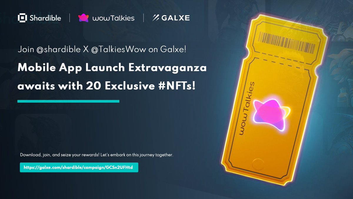 🚀 Join <a href="/shardible/">Shardible (building on Shardeum)</a> X <a href="/TalkiesWow/">wowTalkies- We are live on the Testnet!</a> on Galxe! 🌌

🌟 Mobile App Launch Extravaganza awaits with 20 Exclusive #NFTs! 🪙

Download, join, and seize your rewards! Let's embark on this journey together. 🌐

👉 Join here: galxe.com/shardible/camp…