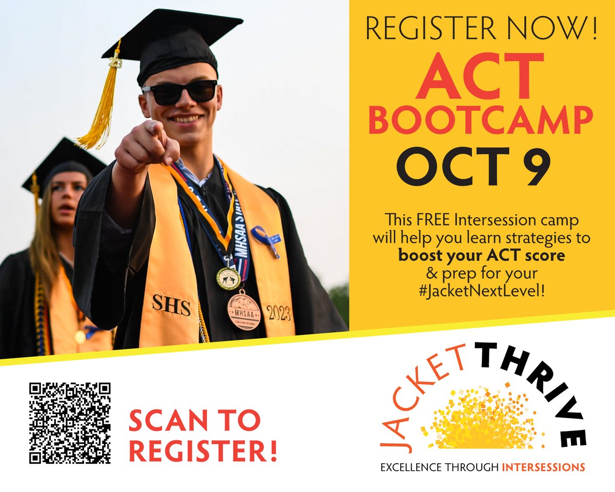 Boost your ACT score to secure YOUR #JacketNextLevel! 
🐝 REGISTER NOW for our FREE ACT Bootcamp offered during Jacket Thrive Intersession on Monday, October 9 from 8:30am until 3:00pm. 

Register at: ow.ly/59OH50PPi7K

#ExpectExcellence #StarkvilleSpark
