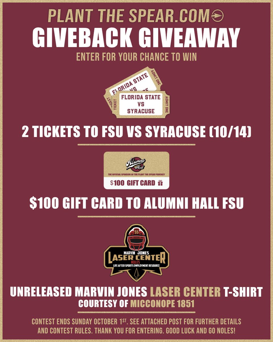 🚨GIVEAWAY🚨
I want to give back to the #NoleFam so let's do a giveaway‼️

To Enter:
Follow <a href="/Plantthespear1/">Plant The Spear</a>
&amp; <a href="/Micconope1851/">Micconope 1851</a>

Like👍&amp; Share ♻️ this post, and leave a Go Noles in the comments!!

Winner will be selected at random this Sunday (10/1).

More details in the comments 📃