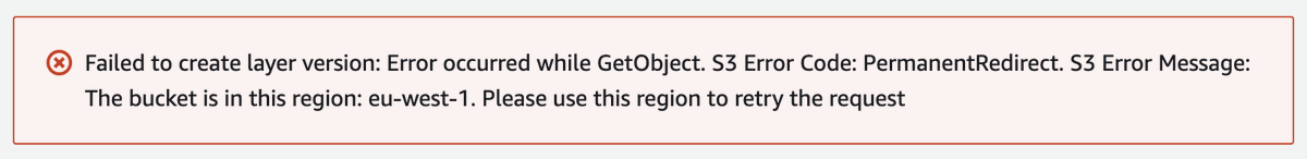 _maxday's tweet image. Create a new layer from zip file -&amp;gt; too big
Upload it to s3 instead feeling smart
Create a new layer from this s3 object
Wrong region 😭 #AWS #AWSLambda #happyMonday