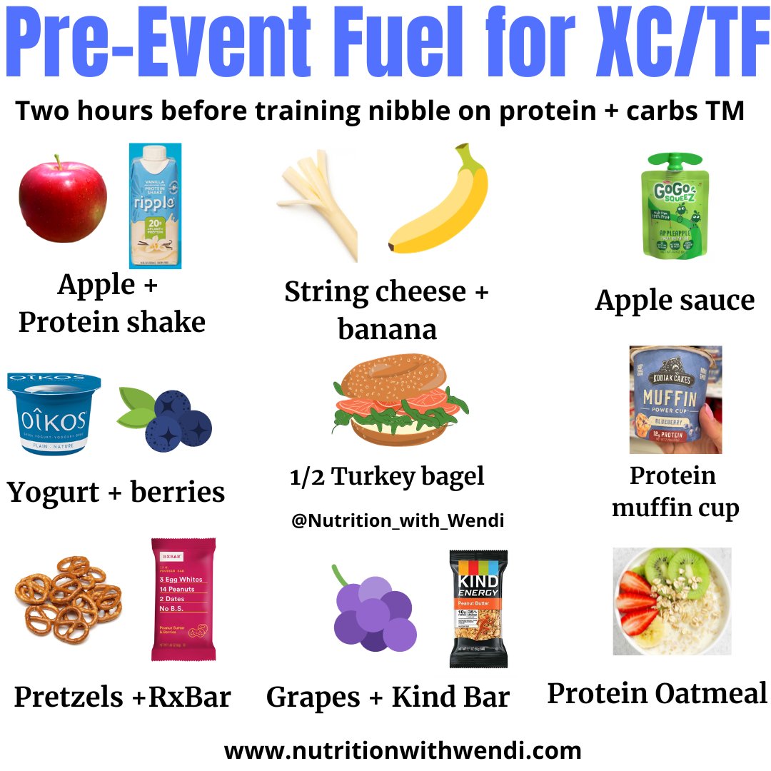 👟Track and field/XC student-athletes need to fuel up with protein + carbs 2 hours before their event.

👇Here are plant and animal protein and carb options to consume to fuel muscle and brain.

Remember, a drop in blood sugar =
✖️Drop in speed &amp; strength
✖️Loss of power &amp;