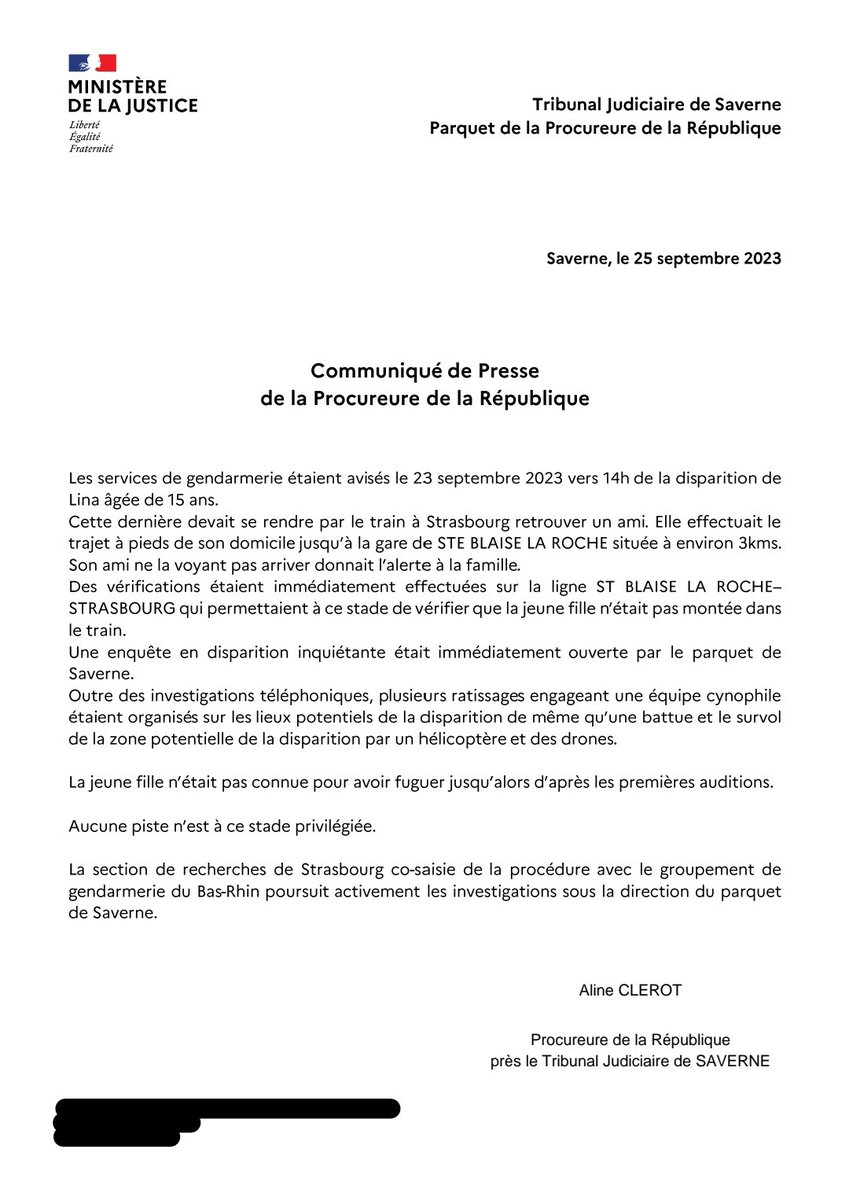 [#Appelàtémoins] Les recherches de la  #gendarmerie se poursuivent suite à la #disparition inquiétante de #Lina, 15 ans depuis la commune de #PLAINE. 
Si vous détenez des informations utiles à l'enquête en cours, merci de contacter le 03 88 97 04 71.
dna.fr/faits-divers-j…