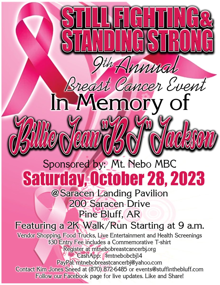 The 9th Annual Breast Cancer Awareness event is set for Saturday, October 28, 2023 in Pine Bluff, AR.  The first 10 to get signed  up and registered  for this event by September 30, 2023 will receive $5  off their registration.  Click here to register:   mtnebobreastcancerbj.org/register/