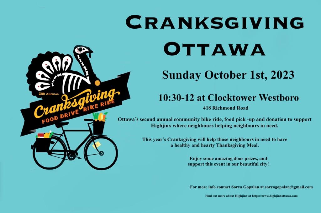 Cranksgiving is a food drive on two wheels that supports Highjinx, a community organization that helps those in need Bring donations to Clocktower Pub in Westboro on October 1st between 10:30 AM and 12 PM mckellarparkcommunity.wordpress.com/2023/09/25/cra…