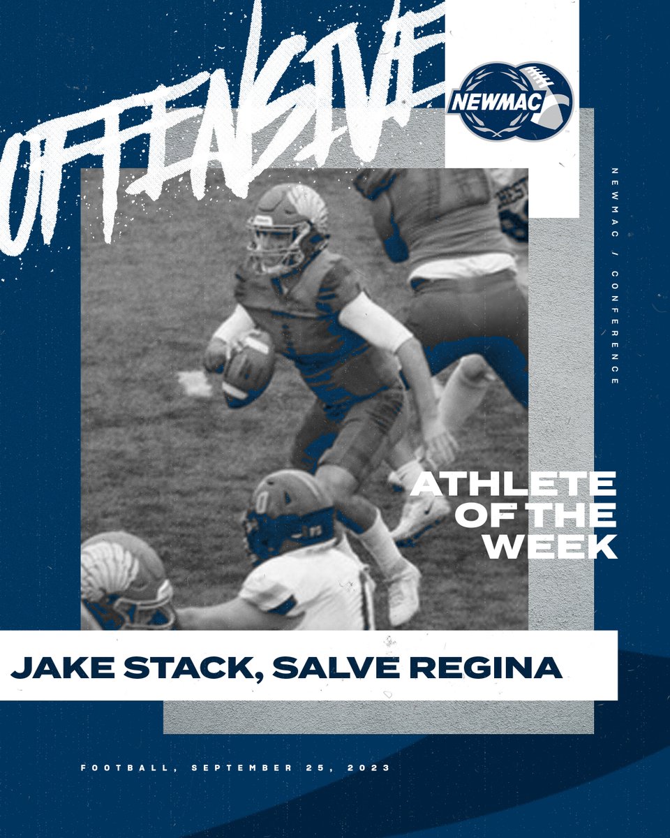 NEWMAC (@newmacsports) on Twitter photo FOOTBALL 🏈
OFFENSIVE ATHLETE OF THE WEEK
<a href="/SalveAthletics/">Salve Regina Sports</a> Jake Stack tossed the ball for 356 yards with 3️⃣ touchdowns. He was also the team's second-leading ball carrier with nine rushes for 21 yards in a 34-7 win at MIT.
🔗 bit.ly/3rnEZGn
#GoNEWMAC // #WhyD3 FOOTBALL 🏈
OFFENSIVE ATHLETE OF THE WEEK
<a href="/SalveAthletics/">Salve Regina Sports</a> Jake Stack tossed the ball for 356 yards with 3️⃣ touchdowns. He was also the team's second-leading ball carrier with nine rushes for 21 yards in a 34-7 win at MIT.
🔗 bit.ly/3rnEZGn
#GoNEWMAC // #WhyD3