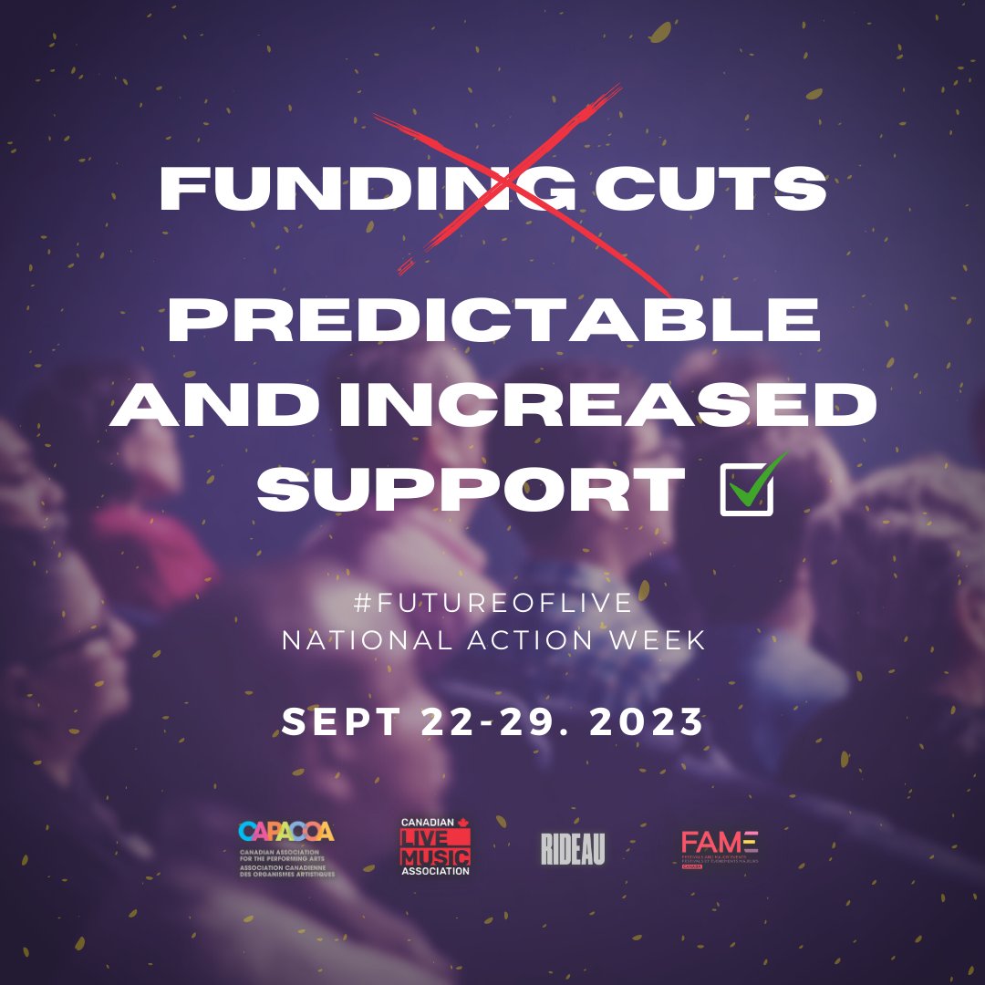 CAPACOA's tweet photo. Keep spreading the word! Your support during our National Action Week for the #FutureOfLIVE is greatly appreciated. A reminder that we will be hosting a press conference LIVE in Montreal on Wed Sept 27 at 11:30am EDT 📽️ Join us in person or stream it: https://t.co/ZwQ7zVxpEr https://t.co/usP7zFyzDs