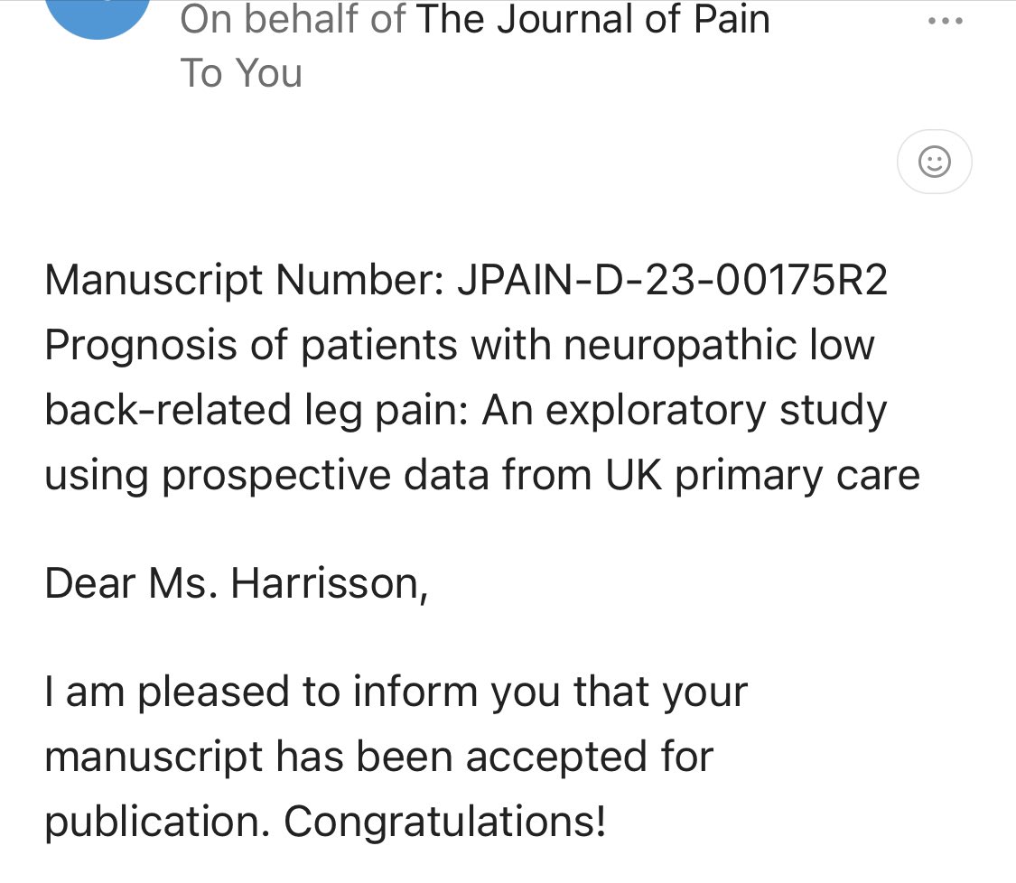 After over 2-years back and forth in the review process, the “your manuscript has been accepted” email is in my inbox  📥😃

Prognosis of patients with #neuropathic low back-related leg pain

#AcademicTwitter