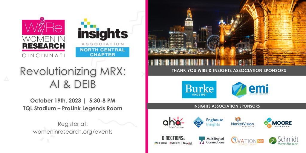 Join us at the #Cincinnati <a href="/WomenInResearch/">WIRe</a> and <a href="/InsightsMRX/">Insights Association</a> joint fall event where we'll be discussing  Diversity, Equity, Inclusion, Belonging (DEIB) and AI. Enjoy networking over food and drinks with other #MRX professionals. Free registration at: womeninresearch.org/event/revoluti….