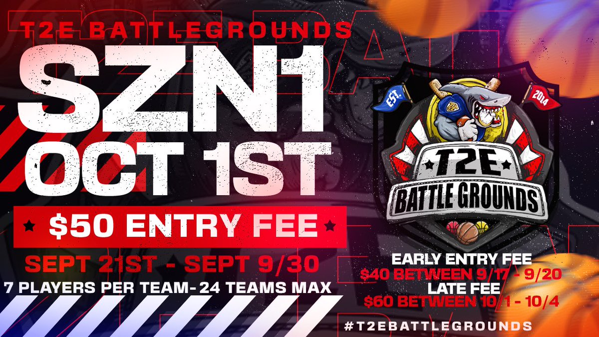 Inaugural Season of T2E's BYOT PRO-Am "The BATTLEGROUNDS"
All STATS RECORDED
ALL GAME FILM UPLOADED TO OUR WEBSITE 
t2esportsleague.com
MULTIPLE SEASONAL PAYOUTS 
RINGS FOR THE CHAMPIONS ALONG WITH PAYOUT!!